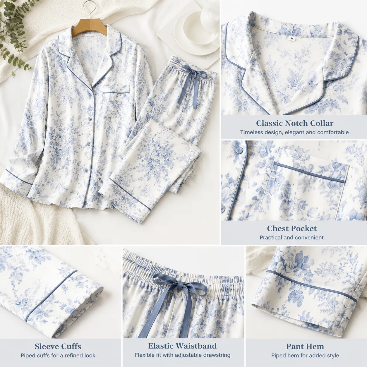 Ensemble de pyjamas de luxe personnalisés pour femmes, 2 pièces, vêtements de nuit boutonnés avec bordure en piping, OEM